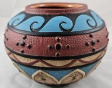 New Debco Intl Clay Southwest Style Pot Blue Red Clay Abstract Art Deco 6"
