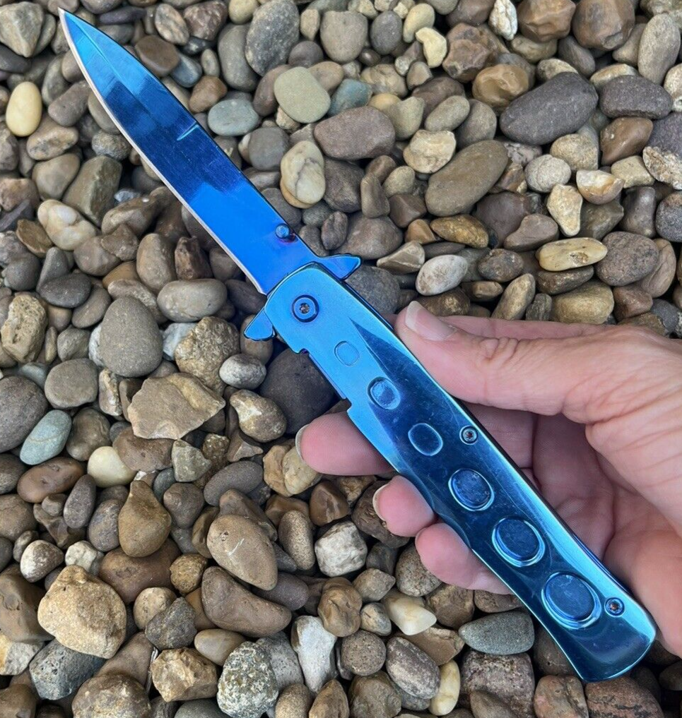 Spring Assisted Open Pocket Knife Tactical EDC Italian Milano Stiletto Blue