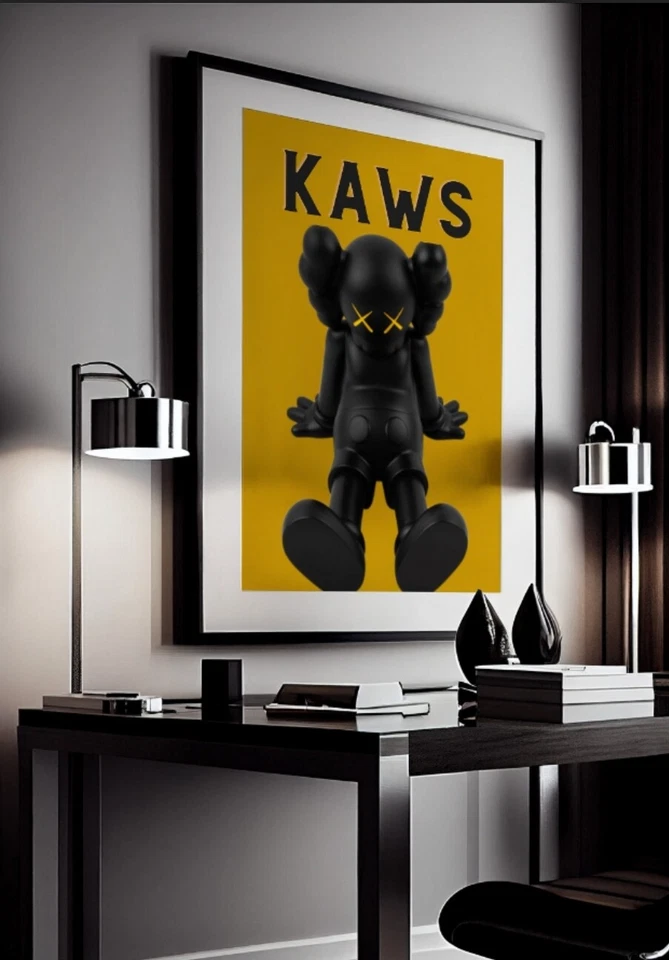 Juego de 3 piezas de arte Kaws negras y amarillas lienzo arte de pared decoración del hogar Foto 3 de 4