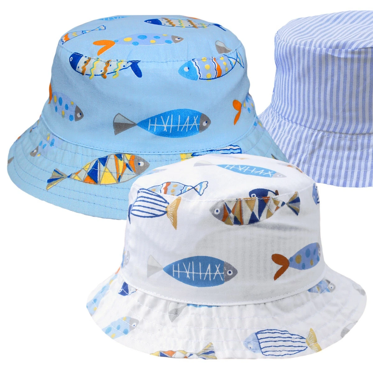 Baby Boys Fish Reversible White Blue 100 Cotton Summer Bucket Hat 6 18M