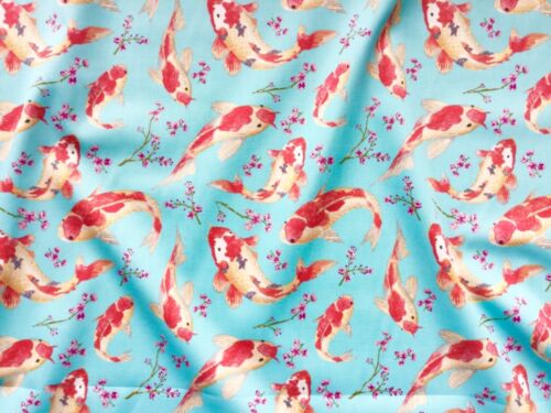 Koi Carp Fish Japanese Cherry Blossom Floral Fabric 100% Cotton Material - Picture 2 of 3