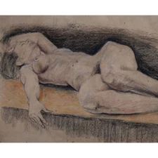 Rudolf Voigt Female Nude East German Art Leipzig Signed Color Chalk Drawing
