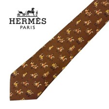 HERMES Neck tie Silk Brown Logo japan seller N1214 30 Made in France