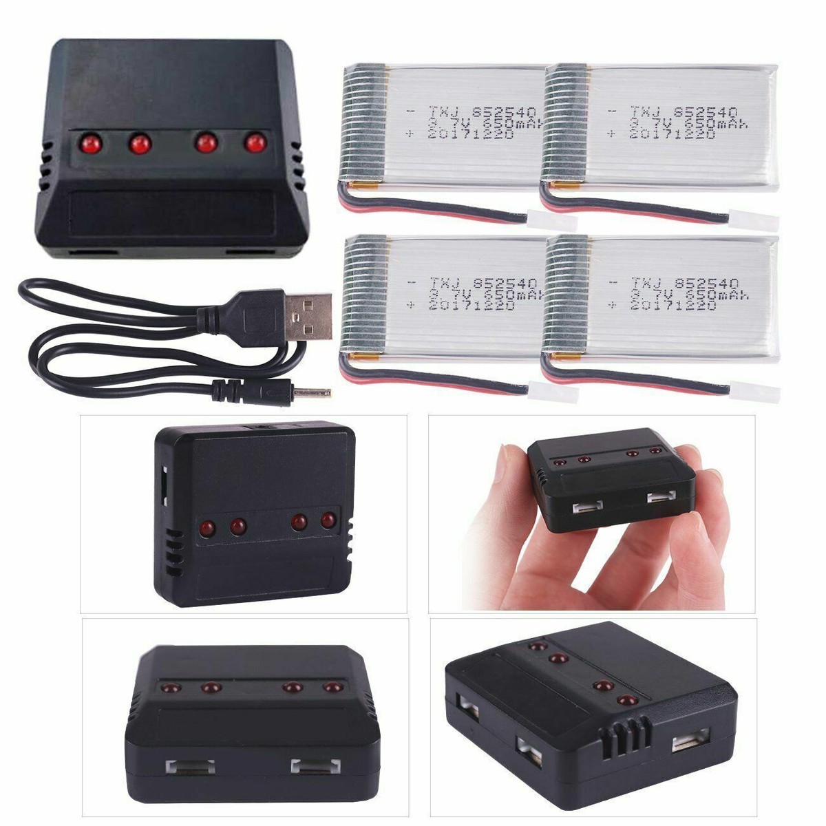 Pack 4 Batteries LiPo 3,7V 650mAh Avec Chargeur USB - Pour Drones, Modélisme