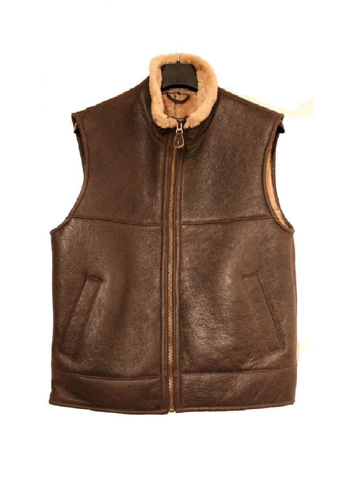 Men's Brown B3 Aviator Shearling Real Sheepskin Sleeveless Vest Genuine Leather