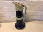 Antique European Majolica Cobalt Tall Pitcher with Painted Floral Decorations