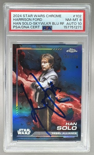 Harrison Ford 2024 Topps Chrome Star Wars 102 Blue On Card IP Auto /150 PSA 8/10