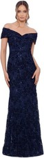 Xscape Womens Sequin Off-Shoulder Floral Lace Overlay Gown Navy 12 Petite