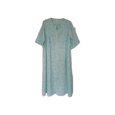 Miss Elaine Maxi House Dress Aqua Seersucker Sz L Short Sleeve Front Zip Pockets