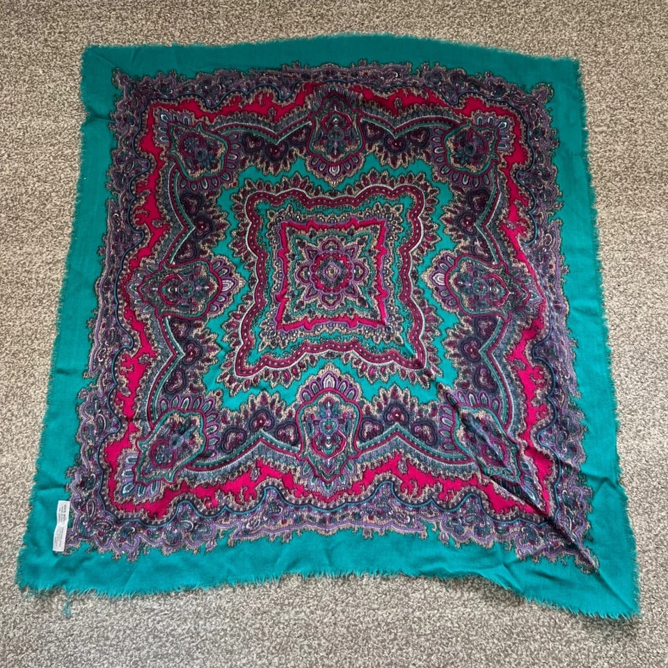 Bufanda vintage 100 % lana verde azulado cachemir hecha en Italia cuadrada grande 27x27 Foto 3 de 4