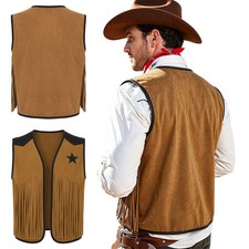 US Mens Retro Western Cowboy Fringed Vest Country Concert Faux Suede Tops Coat