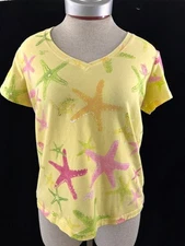 Palm Harbour knit top Size PM short sleeve V neck yellow starfish petite M