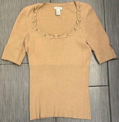 Cache Ribbed Knit Top Scoop Neckline Size Large Beige Stretch Y2K