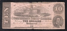 T-52 1862 $10 TEN DOLLARS CSA CONFEDERATE STATES OF AMERICA CURRENCY NOTE.