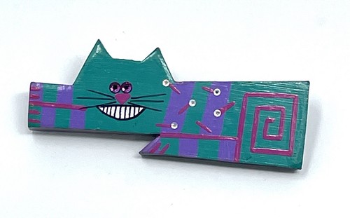 Vtg 1988 Extinctives Teal Purple Pink Hand Crafted Painted Wood Cat Pin Brooch