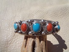 VTG Handmade Navajo Baby/Child Cuff Bracelet Sterling Silver Turquoise Coral