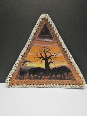 Hand Painted & Tooled Leather Tripod Seat African Savanna Baobab Tree Elephants