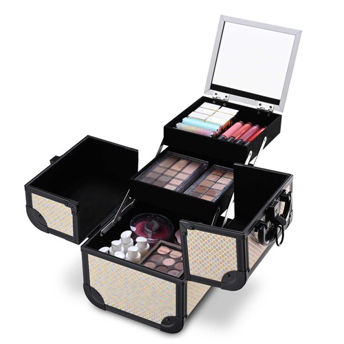 Byootique Makeup Train Case with Mirror Cosmetic Box Organizer Art Deco Pastel - Picture 2 of 6