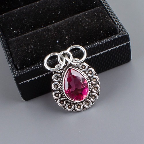 Handmade Pink Tourmaline Gemstone 925 Sterling Silver Jewelry Oxidized Pendant - Picture 6 of 6