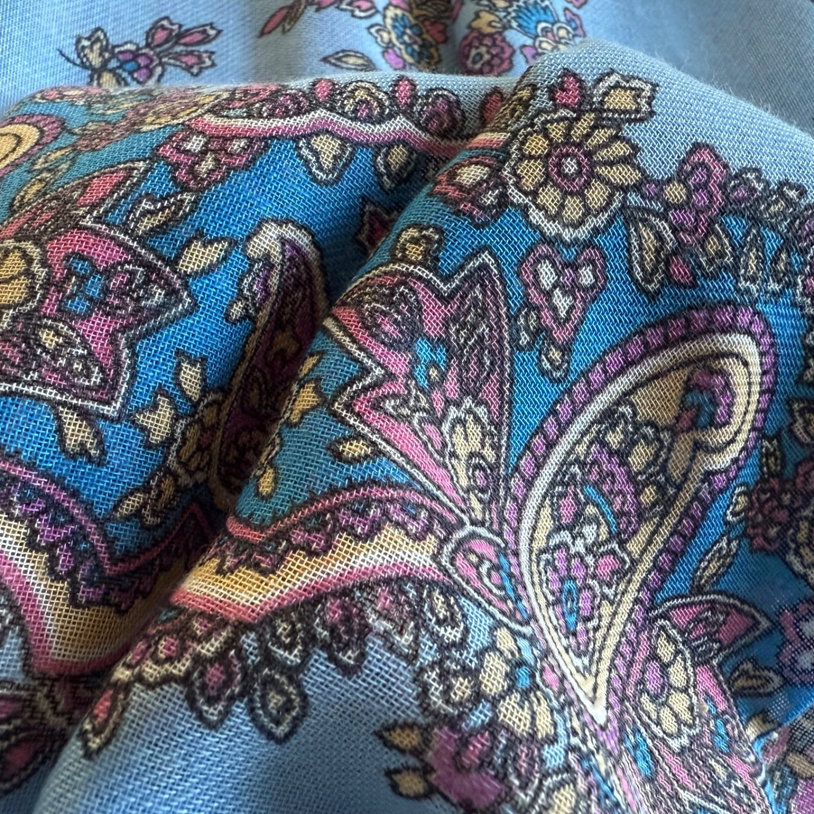 Vtg Fine Italian Scarf 31x30" Blue Pink Paisley Floral Designer Classic Chiffon