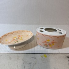 Vintage Ames flower Porcelain Toothbrush Holder and Soap Dish Japan