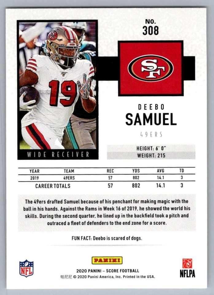 2020 Score Deebo Samuel San Francisco 49ers #308 - Image 2 of 2