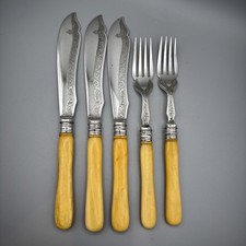 Lot Antique Cutlery EPNS Engraved x3 Fish Knives x 2 Forks real Bone Handle SLtd