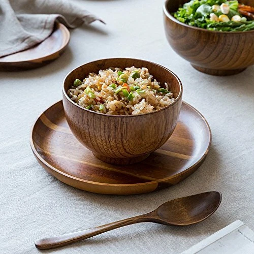 Conjunto de 4 tigelas de madeira maciça estilo japonês salada arroz sopa missô frutas presente/decoração  - Imagem 2 de 4