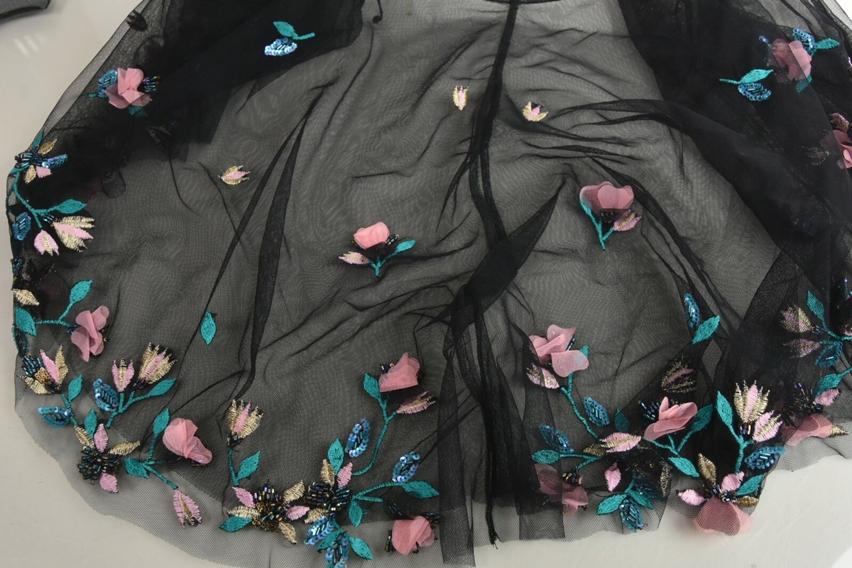 $1095 NEW Marchesa Notte Embroidered D Tulle Gown w Cape Black