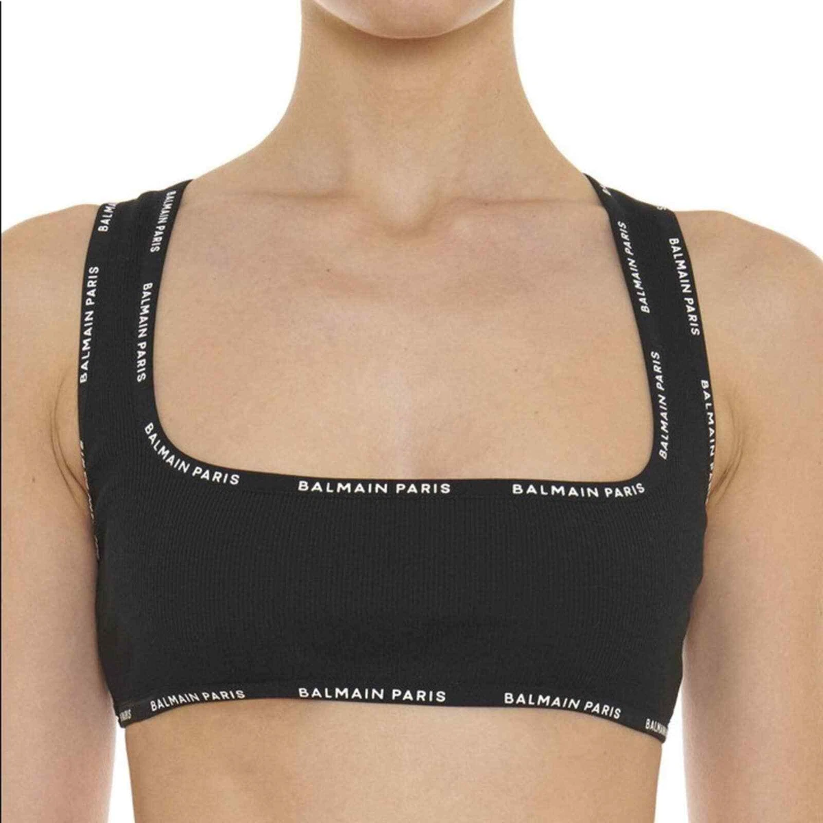 NIB BALMAIN logo bra bralette crossover black & white cotton athleisure XS  Fr 36