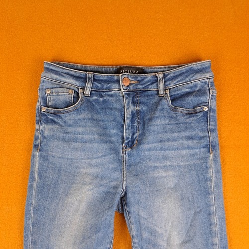 Decjuba Jeans Womens Size 12 Blue Whiskered High Rise Straight Stretch Denim - Picture 2 of 14