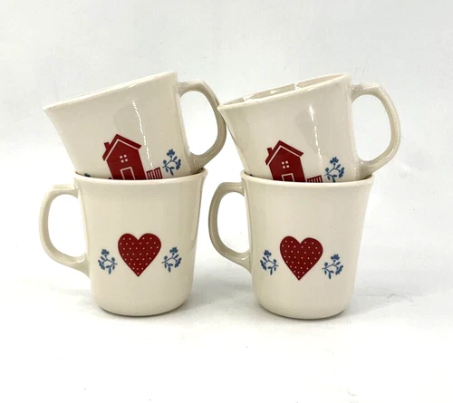 Set Of 4 Corelle Hometown 3 1/2 in Coffee Tea Cup Mug Red Heart House Flowers