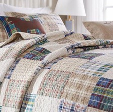 OXFORD PLAID QUILT SET : PREPPY BROWN BLUE GREEN STRIPE MADRAS REVERSIBLE