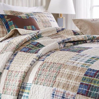 GREENLAND OXFORD PLAID QUILT SET : PREPPY BROWN BLUE GREEN STRIPE MADRAS REVERSIBLE