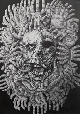 ''ANGST'' (Format A3) - Surrealistische Dunkle Kunst, Original Feder Tusche Portrait Zeichnung