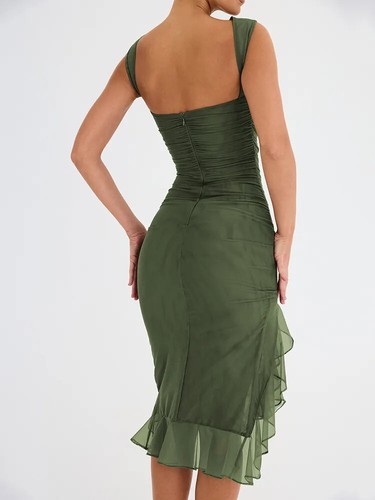 Elegantes Rüschen Midikleid für Damen Neu Rückenfrei Ärmellos Unregelmäßig Party - Bild 4 von 30