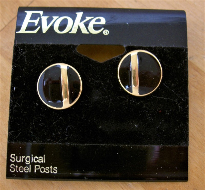 CARDED EVOKE CIRCLE BLACK ENAMEL GOLD TONE SURGICAL STEEL POST EARRINGS -. 5"