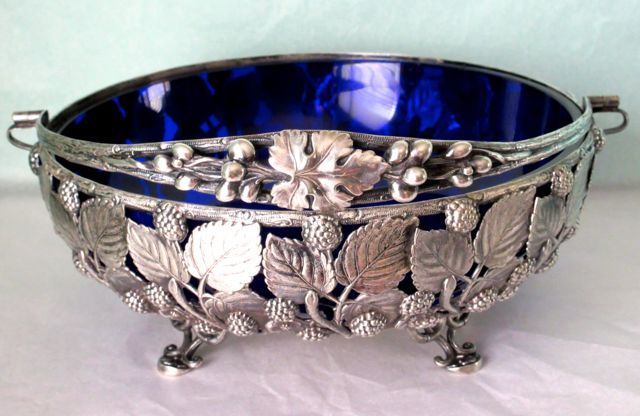 Berndorf Austria Antique Art Nouveau SP Bridal Basket Cobalt Blue Glass ca. 1880