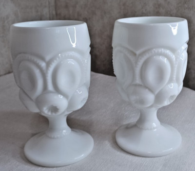 Moon and Stars MILK GLASS WHITE 6'' GOBLET LG Wright Vintage Style (2 of them)