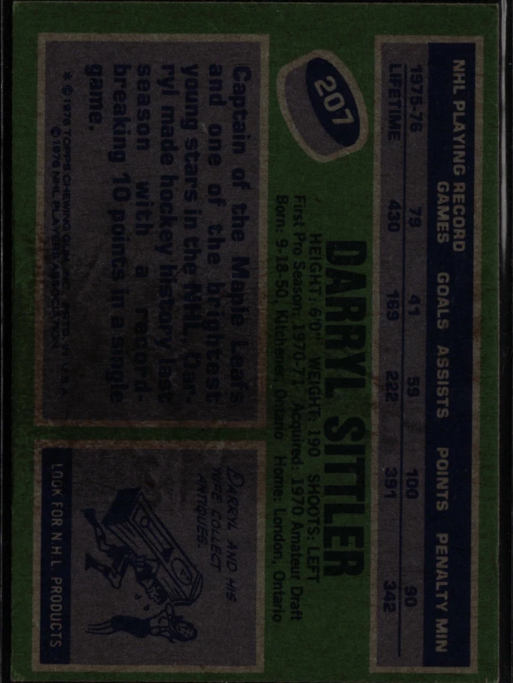 1976 Topps Darryl Sittler #207 Toronto Maple Leafs  8981 - Image 2 of 2