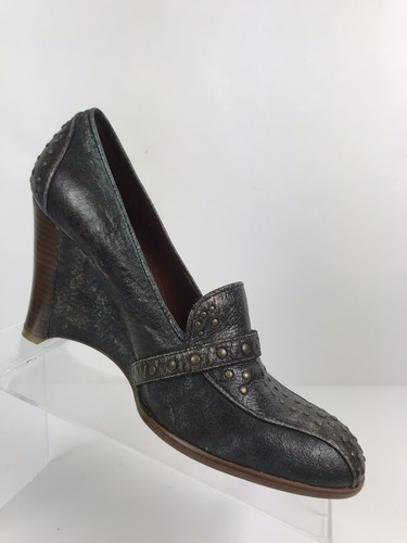 Modern Vintage Women Wedge Heels Sz 7.5 / 39.5 Gray Distressed Leather Studded - Picture 5 of 12