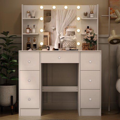 Schminktisch mit Spiegel und Beleuchtung Schlafzimmer Frisiertisch Schubladen DE - Bild 7 von 20
