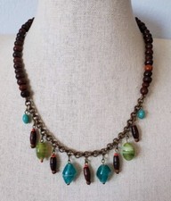 Blue Green Lampwork Glass Wood Bead Charm Boho Necklace