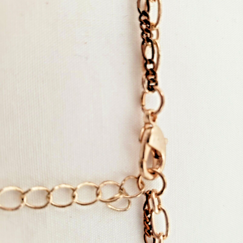 Necklace Bib Statement Double Chain Copper Brassy Tone Crystal Drops