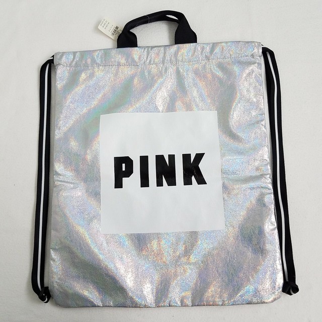Victoria Secret Pink Drawstring Backpack Tote Bag, Iridescent Silver