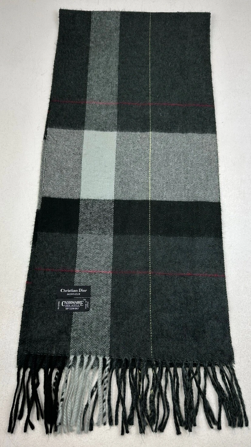 Christian Dior Monsieur Cashmaire écharpe grise à carreaux franges Japon 61486