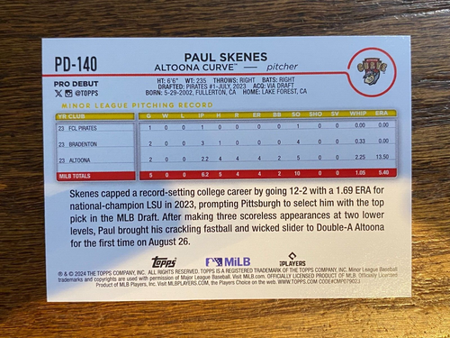 2024 Topps Pro Debut - #PD-140 Paul Skenes (RC) Pirates Altoona Curve - Picture 2 of 2