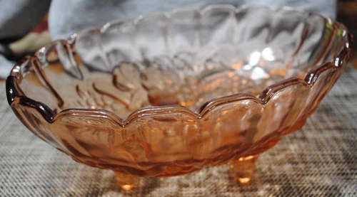 Vintage Indiana Carnival Glass 4 footed oval fruit bowl Peach/Light Pink