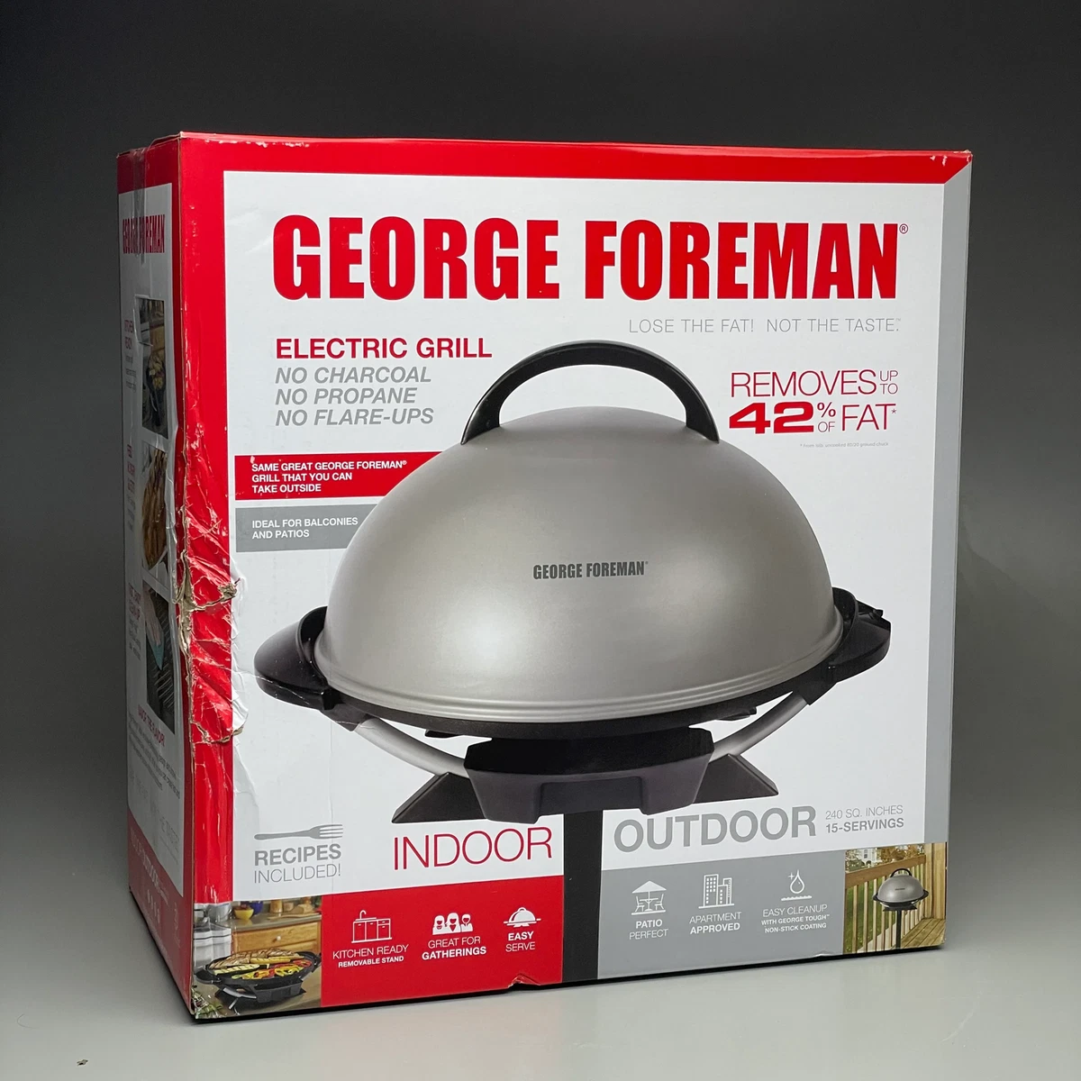 GEORGE FOREMAN Electric Grill Indoor/Outdoor Removes 42% Fat 240