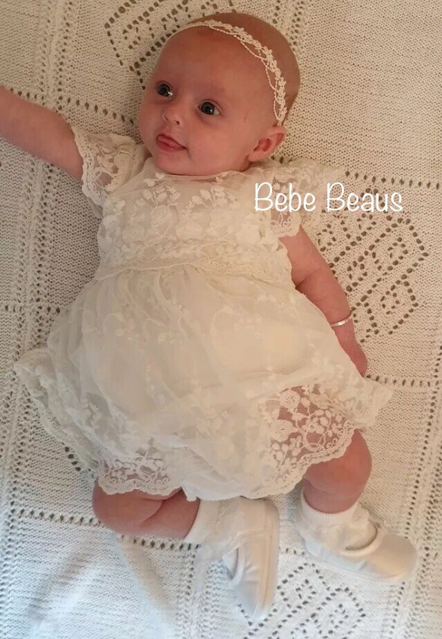 Baby Girl Ivory Christening Headband Baptism Wedding Lace Pearl